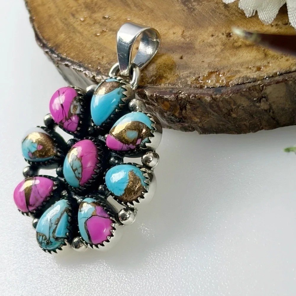 Pure Sterling Silver 925 Cotton Candy Turquoise Pendant Boho Southwest New